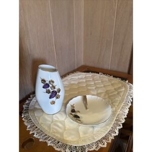 Conco Vintage Hand Painted Grapes & Gold Leaves "Marilyn Exclusive" Vase & Dish